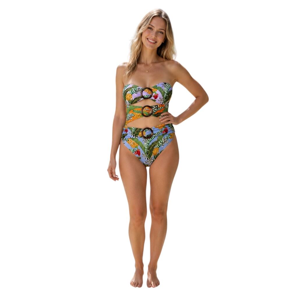 Farm Rio Striped Banana Print Cutout Bandeau One/Two-Piece Swimsuit, XS